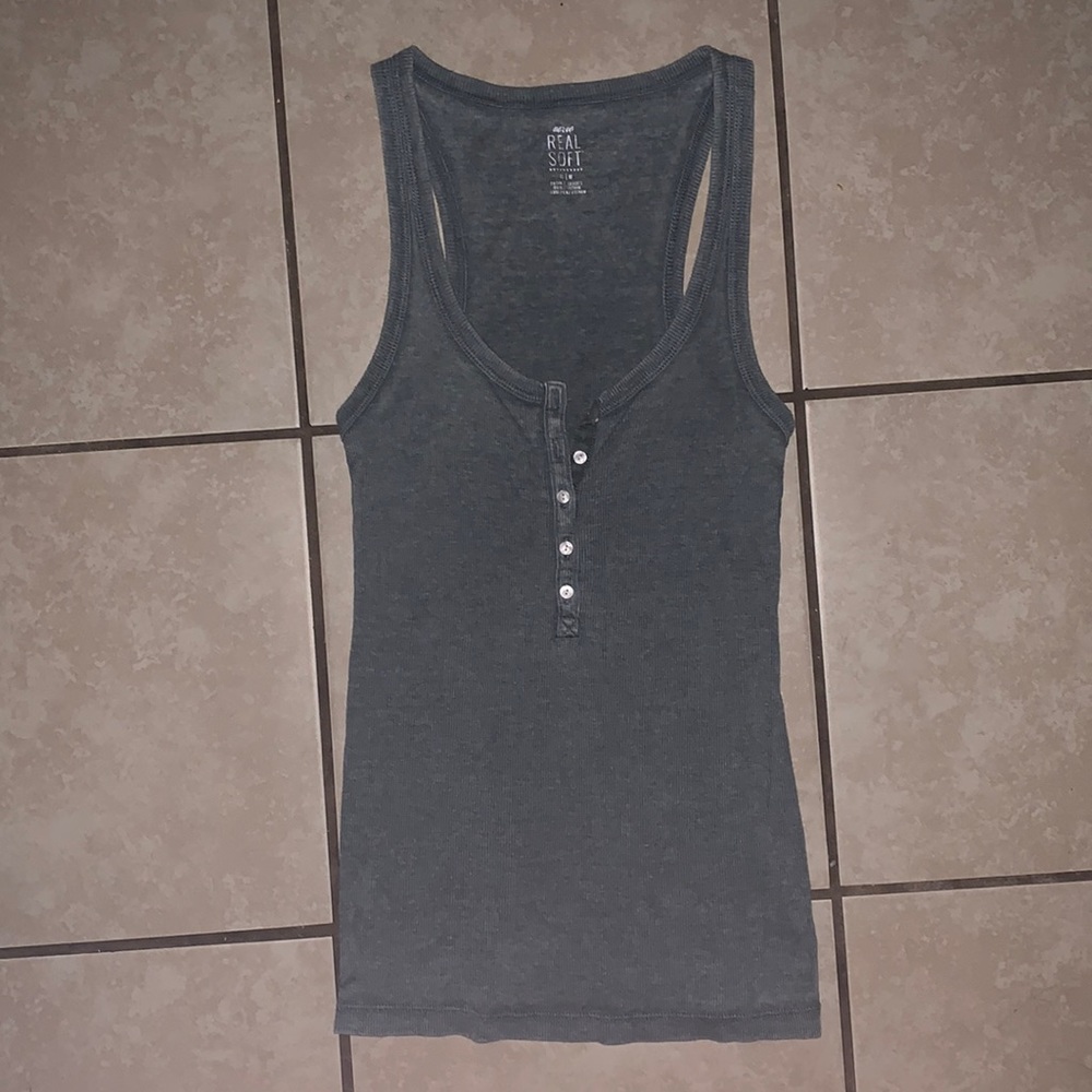 Aerie Real Soft Ribbed Henley Tank Olive Green